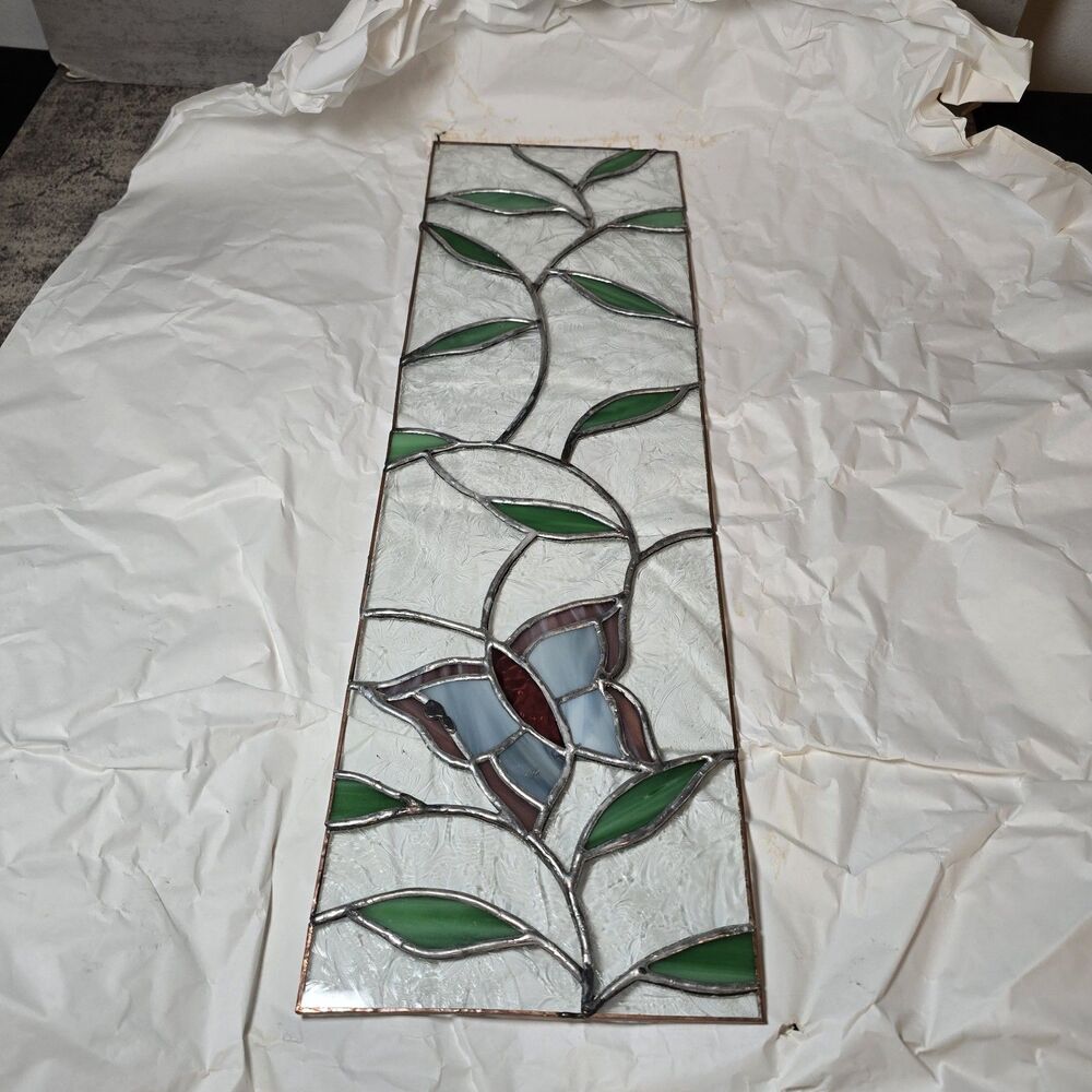 Handmade Stained Glass Panel Butterfly Beautiful Floral 6" x 19.5" Purple GreenC